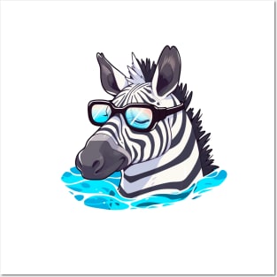 A zebra with glasses swims in the water Posters and Art